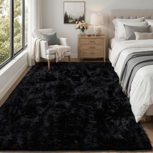 TENGTENGLINK 6x9 Fluffy Shag Area Rug Living Room Bedroom Washable Black - Image 3