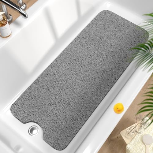 HITSLAM Non Slip Bathtub Mat 40 x 16 Inch, Extra Long Bath Mat for Tub, Soft PVC Loofah Shower Floor Mat with Drain, Quick Drying Bathroom Tub Mat for Wet Area, Without Suction Cup, Grey by HITSLAM