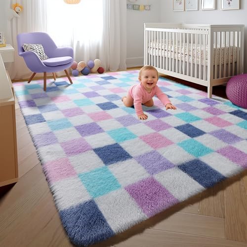 KICMOR Purple Rainbow 5x8 Area Rug for Living Room, Fluffy Soft Colorful Checkered Rug Fuzzy Shag Shaggy Bedroom Carpet, Cute Indoor Plush Rugs for Teen Kids Girls Dorm Nursery Home Decor Aesthetic - Image 5