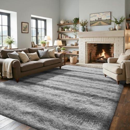 5x7 Ft Large Shag Rug for Living Room Bedroom,Tie-Dyed Ultra Soft Fluffy Furry Area Rug, Aesthetic Carpet for Indoor Floor Home Decor (Grey&White) by Lo%CC%80utiRootHome