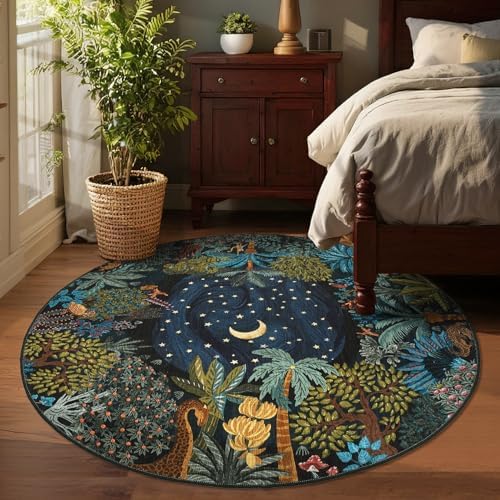 GarveeHome Round Area Rugs 5ft for Bedroom, Green Jungle Washable Circle Rug Soft Non Slip Forest Animal Print Floor Mat Tiger Carpet Indoor Thin Rug for Kids Room Dining Room Playroom Nursery - Image 2