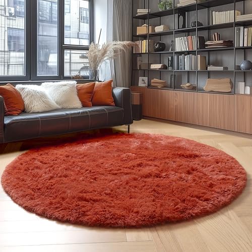 Amdrebio Terracotta Large Furry Round Rug 6Ft for Living Room Kids Bedroom - Image 5