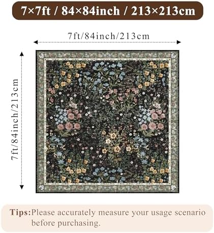 Vintage Floral Dining Room Rug 7x7-7ft Square Low Pile Non Slip Machine Washable Area Rug, Indoor Carpet for Under Table/Bed Living Room Bedroom Office Nursery Entryway Playroom (7ft Square, Black) - Image 2
