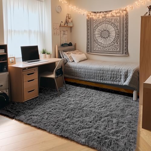 Grey Rugs for Kids Bedroom Dorm, 3x5 Gray Fluffy Bedside Soft Area Rug by ONASAR