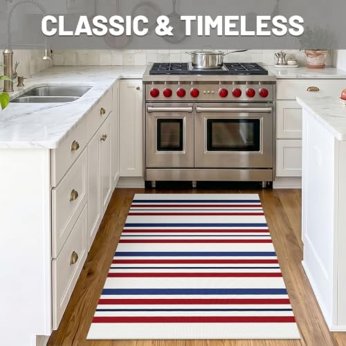 IOHOUZE Patriotic Striped Outdoor Rug 3x5, Washable, Red White Blue - Image 3