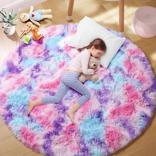 PAGISOFE Rainbow Area Rugs, Round Rug for Bedroom Girls 7Ft, Cute Colorful Pastel Princess Carpet, Shaggy Girls Rug for Kids Room, Fluffy Playroom Nursery Dorm Rugs, Hot Pink Purple Kids Room Decor - Image 5