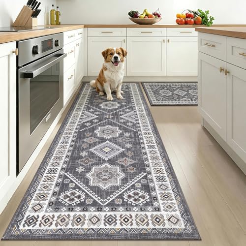 HEBE Boho Kitchen Rugs Set of 2, Non Slip Washable Kitchen Mats for Floor by HEBE