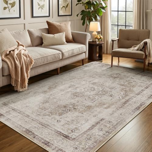 Neutral Oatmeal 5x7 Area Rugs for Living Room, Washable Non Slip Bedroom Rug with Faded Medallion Pattern, Modern Farmhouse Low Pile Thin Carpet Rugs for Dining Room/Kitchen/Home Office by Jainmy