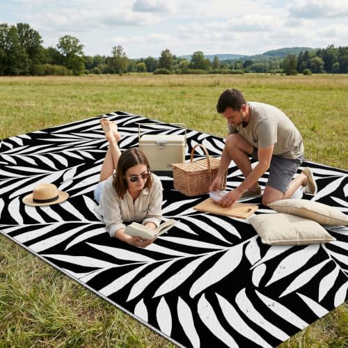Smiry Outdoor Rug 5x8 ft Waterproof Reversible Leaf Mat, Black & White - Image 4