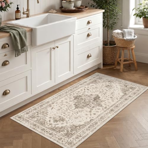 2x4 Washable Entryway Area Rug Non-Slip Medallion Taupe Door Mat - Image 2