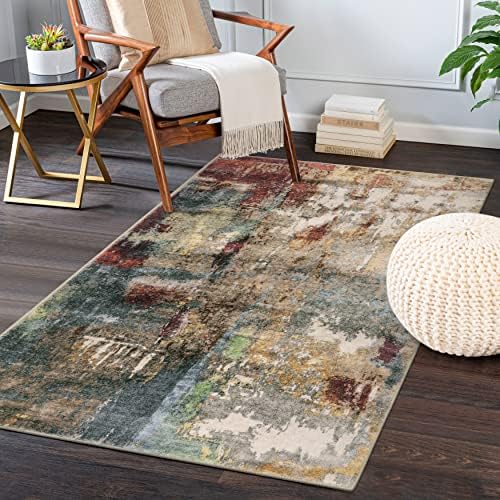 Lahome Modern Abstract Area Rug - 3x5 Washable Bedroom Rug Soft Throw Entry Mat Non-Slip, Contemporary Faux Wool Stain Resistant Floor Carpet for Living Room Kitchen Chair Door,Red/Multi by Lahome