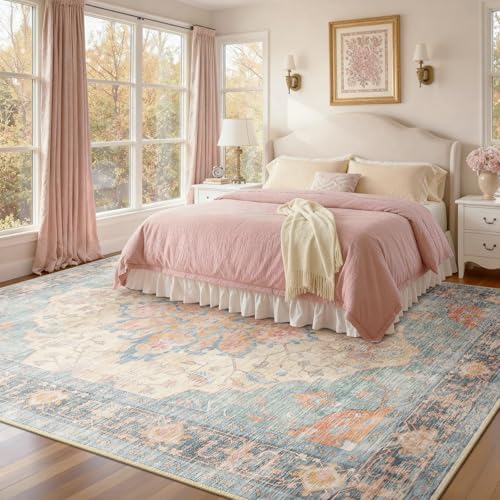 RELEANY Washable Area Rug, 8'x10', Blue/Orange/Red - Image 2