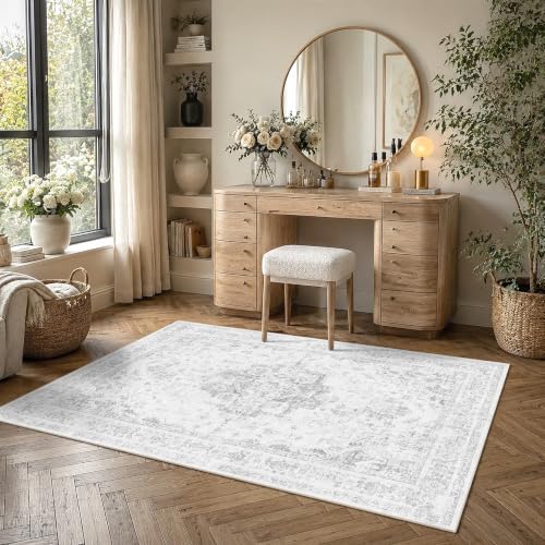 4x6 Washable Bedroom Area Rug Non-Slip Medallion Gray Throw Carpet - Image 4