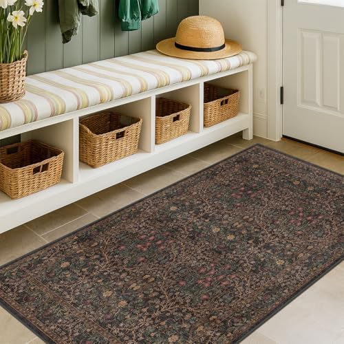 Boho Dark Brown 3x5 Large Entryway Rug - Moody Neutral Washable Low Pile Area Rugs Non-Slip for Mudroom, Door Mat Indoor Entrance, Kitchen, Laundry, Taupe Golden Accent Floral Floor Decor by HazoHaus