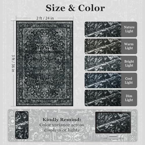 Distressed Black Kitchen 2x3 Rugs Non Slip Washable, Vintage Medallion Pinted Dark Door Mat Indoor Entrance Entryway, Small Low Pile Rugs for Bathroom Vanity/Laundry Room/Bedroom - Image 2