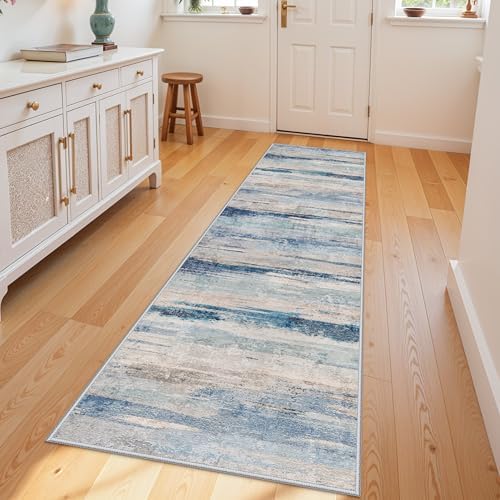 YOUFORTONG 2x8 Runner Rug Washable: Modern Abstract Kitchen Hallway Stain Resistant Carpet with Non Slip Backing Indoor Home Decor Low Pile Thin Rugs for Entryway Laundry Bathroom 2x8 Blue - Image 3