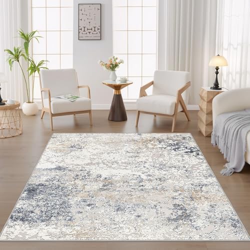 DMOYEST Square Area Rug Living Room Rugs - 6x6 Washable Large Soft Indoor Neutral Modern Abstract Low Pile Rug Carpet for Bedroom Dining Room Farmhouse Home Office - Beige Blue - Image 4