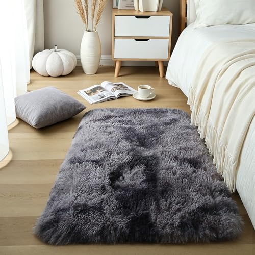 Tie-Dye Dark Grey Shag Rug, 2'x3', Washable Non Slip Fluffy Kids Carpet by KICHOWUA