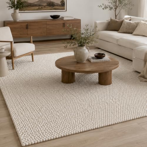 100% Wool Hand Woven Knit Popcorn Rug (6'x9' - Ivory) by ScandilivinHomes