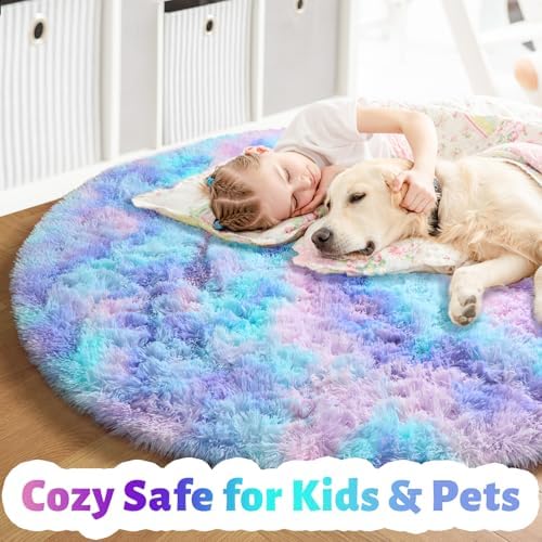 Amdrebio Purple Rainbow Mermaid Shag Round Rug 5Ft for Kids Girls Bedroom - Image 2