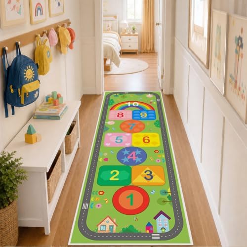 Hop and Count Hopscotch Rug for Kids, Educational Classroom Rugs with Geometric Shapes Number, Non Slip Kids Play Mat Rug Game Carpet for Bedroom Nursery Daycare Boy Girl - Green, 24''x72'' - Image 6