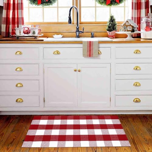 Christmas Plaid Outdoor Rug, 2'x4'3'' Red&White Check Indoor/Outdoor Area Rug, Layering Rug for Hello/Welcome Door Mat, Machine Washable Cotton Woven Rug for Farmhouse Front Porch, Entryway - Image 5