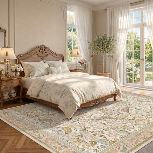 Washable Living Room Rug 8x10 - Country Style Beige Floral Area Rugs for Bedroom Under Bed, Dining Room Table Rug, Stain Resistant Non-Slip Neutral Farmhouse Décor with Light Blue and Green Accent - Image 3