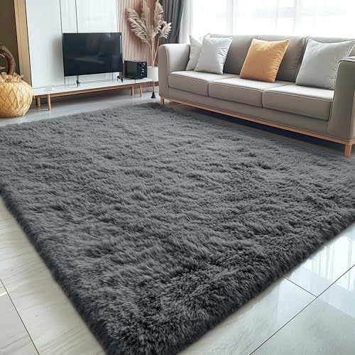 OLANLY 5x12 Machine Washable Large Area Rugs for Living Room, Bedroom, Soft Fluffy Shaggy Bedside Rug, Indoor Floor Carpet for Kids Girls and Boys, Dorms, Nursery, Home Decor Aesthetic, Grey - Image 3
