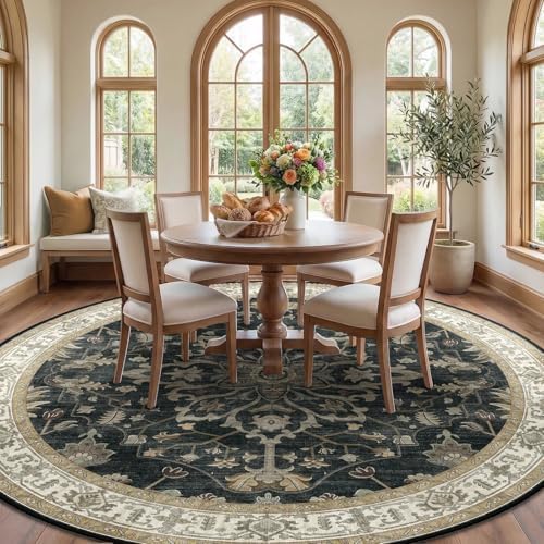 RELEANY Washable Area Rug, Round 8ft, Black/Vintage/Beige - Image 2