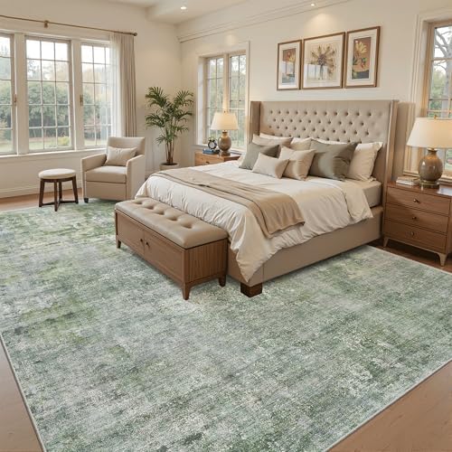 Soalmost Abstract Rug 8x12 Large Living Room Area Rugs Washable Green/Ivory - Image 3
