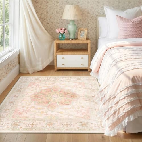 CAPALOCA Square 4ft Washable Nursery Girls Low Pile Area Rug Pink Green - Image 3