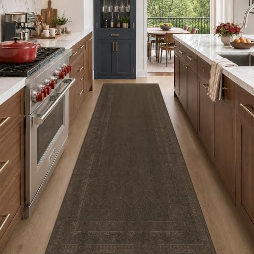 Brown 2'6" x 8' Long Hallway Runner Rug, Non-Slip Washable Vintage Distressed Rugs for Bathroom & Entryway, Low Pile Stain Resistant Kitchen Runner, Modern Farmhouse Décor - Image 3