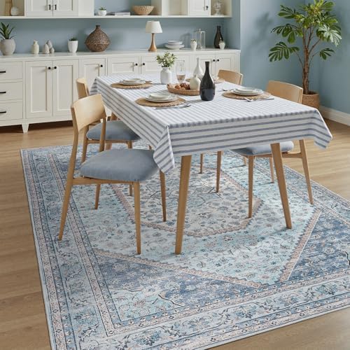 DCX 4x6 Washable Area Rug for Living Room, Non Slip Low Pile Rug, Blue - Image 3