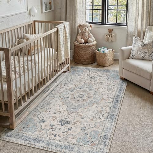PureCozy Blue Area Rug 4x6 Living Room Vintage Floral Non-Slip Carpet by PureCozy