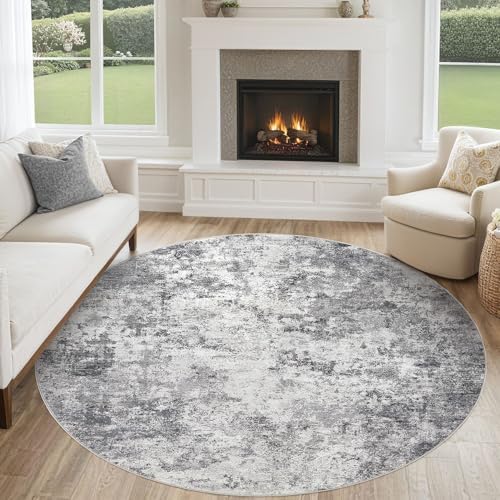 UERMEI 6ft Round Area Rug Living Room Rugs - 6x6 Washable Neutral Modern Abstract Soft Thin Rug Indoor Floor No Slip Rug Carpet for Bedroom Under Dining Table Home Office Decor - Grey by UERMEI