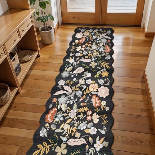 2x8ft Scalloped Hallway Runner Rug: Washable Floral Kitchen Runner Black by BYYVOORugsforYourHome