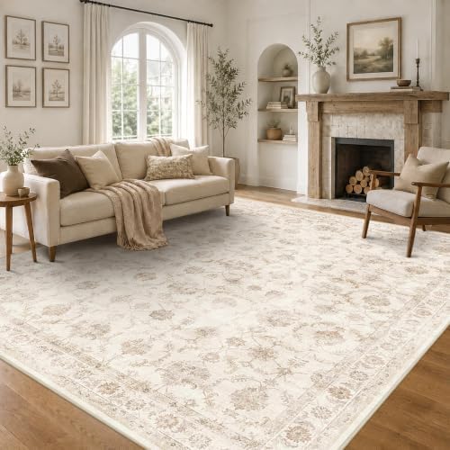 Washable 9x12 Living Room Area Rug Non-Slip Floral Beige Large Carpet - Image 4