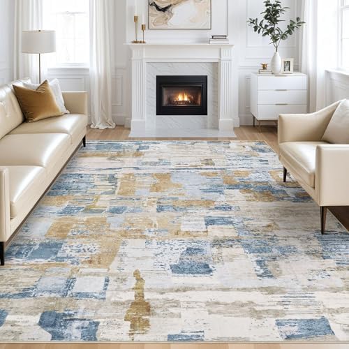kakania Abstract 11x14 Area Rugs for Living Room: Washable Rugs Blue Gold by kakania