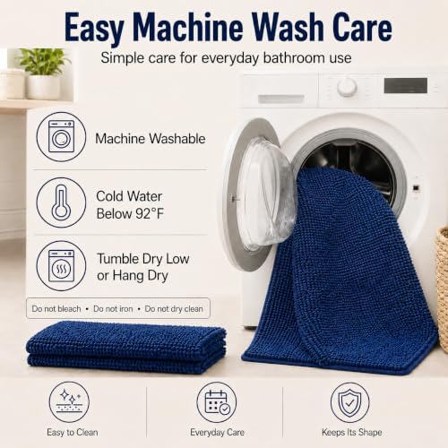 Non Slip Washable 2 Piece Extra Absorbent Shaggy Chenille Bathroom Rugs and Mats Sets, Soft & Dry Bath Rug/Mat Sets for Bathroom Washable Carpets Set Navy Blue Blue - Image 5