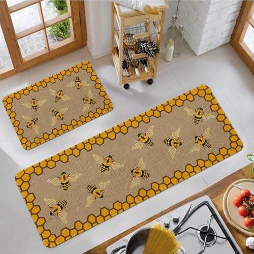 Summer Bee Kitchen Rugs Sets of 2 Non Slip Washable, Farmhouse Rustic Summer Kitchen Mats for Floor 2 Piece Home Decor - Image 6