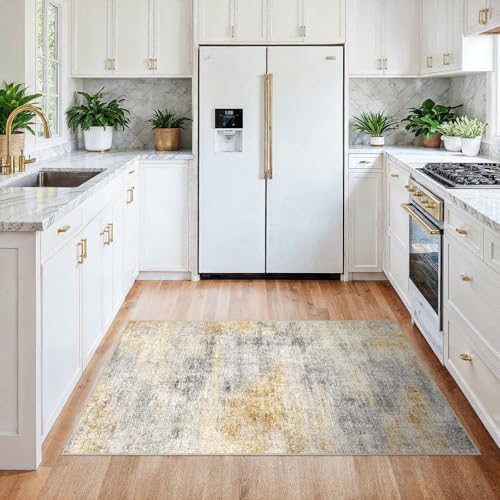 3x4 Area Rug Washable Abstract: Non Slip Entryway Floor Mat Grey/Yellow - Image 2