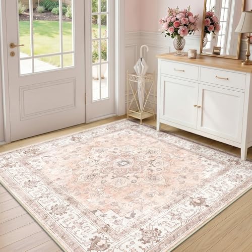 CAPALOCA Square 5ft Washable Nursery Girls Low Pile Area Rug Pink - Image 2
