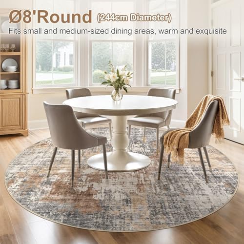 DMOYEST 8ft Round Area Rug Living Room Rugs - 8x8 Washable Large Soft Indoor Neutral Modern Abstract Low Pile Rug Carpet for Bedroom Dining Room Farmhouse Home Office - Grey Brown - Image 4
