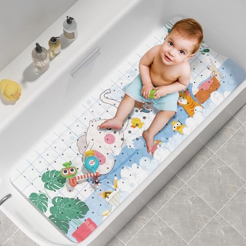 AmazerBath Baby Bath Mat Non Slip, Cartoon Kids Bath Mat for Tub 40 x 16 Inches Full Size, Non Slip Bathtub Mat with Suction Cups and Drain Holes, Shower Stall Mats - Elephant by AmazerBath