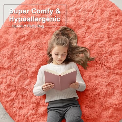 OLANLY Coral Red Round Rugs for Bedroom - Machine Washable, 5 ft Circle Area Rugs for Living Room, Soft and Fluffy Shaggy Carpet for Teen Girl and Boys, Nursery Rooms, Dorms, Home Decor Aesthetic - Image 6