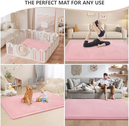 Baby Play Mat for Floor,1.3" Thick Memory foam Tummy Time Mat,79"×158“ Extra Large Soft Coral Velvet Nursery Rug,Non Slip Safe for Crawling,Toddlers,Infants,kids,Tatami Style for Living Room(Pink) - Image 5