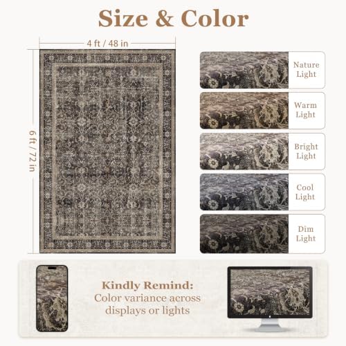 Washable Area Rug 4'x6' Living Room, Vintage MCM, Black/Brown/Beige - Image 2