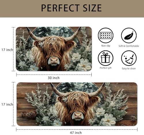 Farmhouse Kitchen Rugs Sets of 2 Non Slip Washable, Rustic Country Highland Cow Kitchen Mats for Floor 2 Piece Home Decor - Image 3