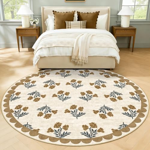 Beige Boho Round Rug 5ft - Soft Washable Floral French Country Scalloped Circle Rug for Bedroom Non Slip 5x5 Stain Resistant Round Area Rug for Living Room Dining Room Kids Room Playroom Foyer - Image 4
