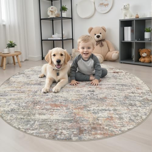 Round Area Rug Living Room: 4 ft Modern Washable Carpet Taupe - Image 3
